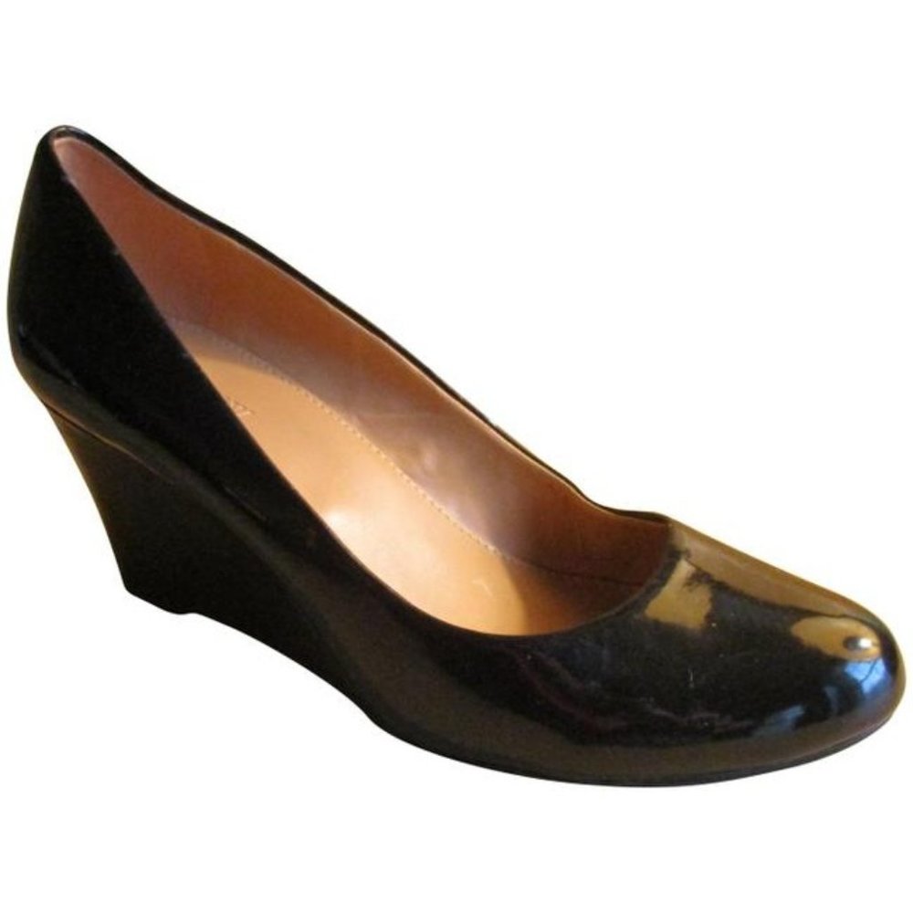 *J. CREW Black Patent Almond Toe Wedge Pumps